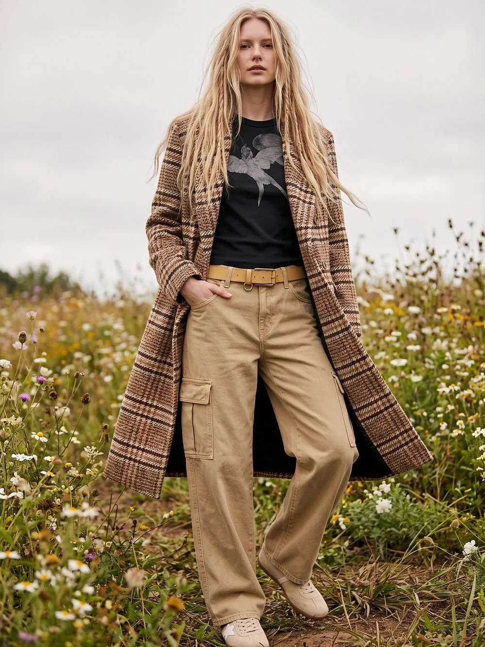 Free People Grunge Preppy Adore You Plaid Longline Wool Coat Brown Medium